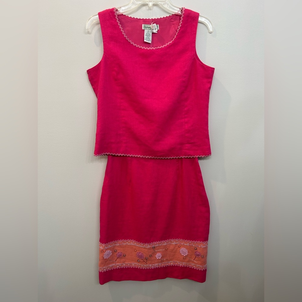 Stephanie Andrew’s Linen Sleeveless Top And Skirt Set Pink Rickrack Trim Size 6